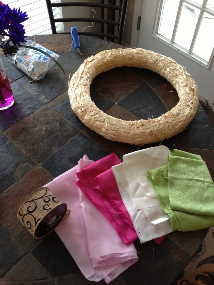The naked wreath, printed burlap and scrap fabric.
